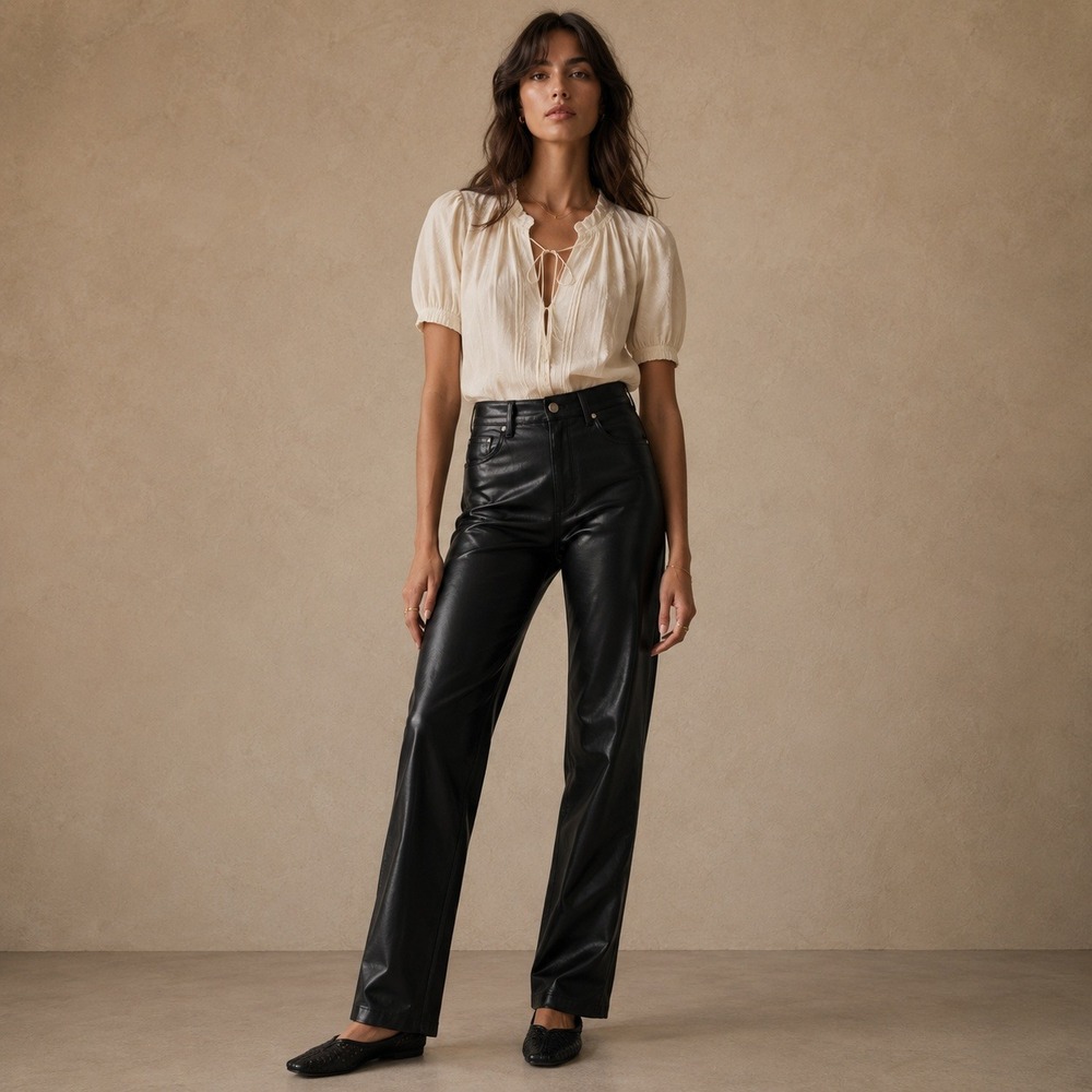 Aritzia Wilfred Black Faux Leather Straight Leg Pants High Rise Sz 4